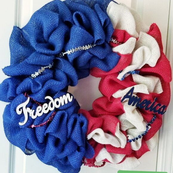 Patriotic Burlap Wreath Front Door Decor Year Round - Picture 2 of 5